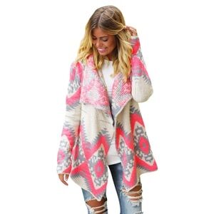 Kate Collection Thick Geometric Aztec Print‎ Cardigan Sweater Neon Pink Tan Med